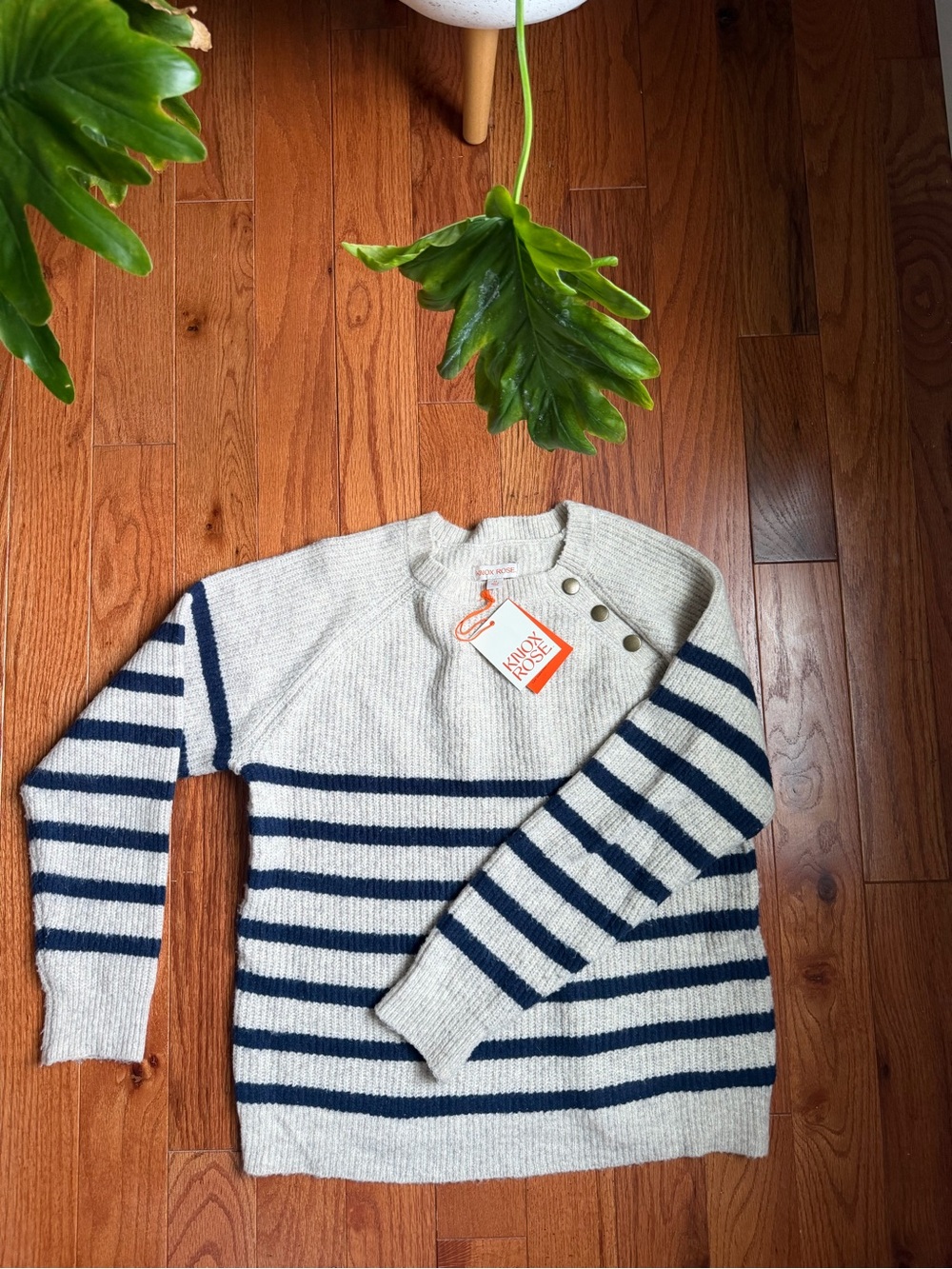 Brenton Striped Boat Neck Button Sweater - Oat & Navy